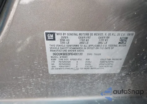 2015 Chevrolet Silverado 1500 1Lz из США, поврежденный, VIN 3GCUKSEC3FG486138